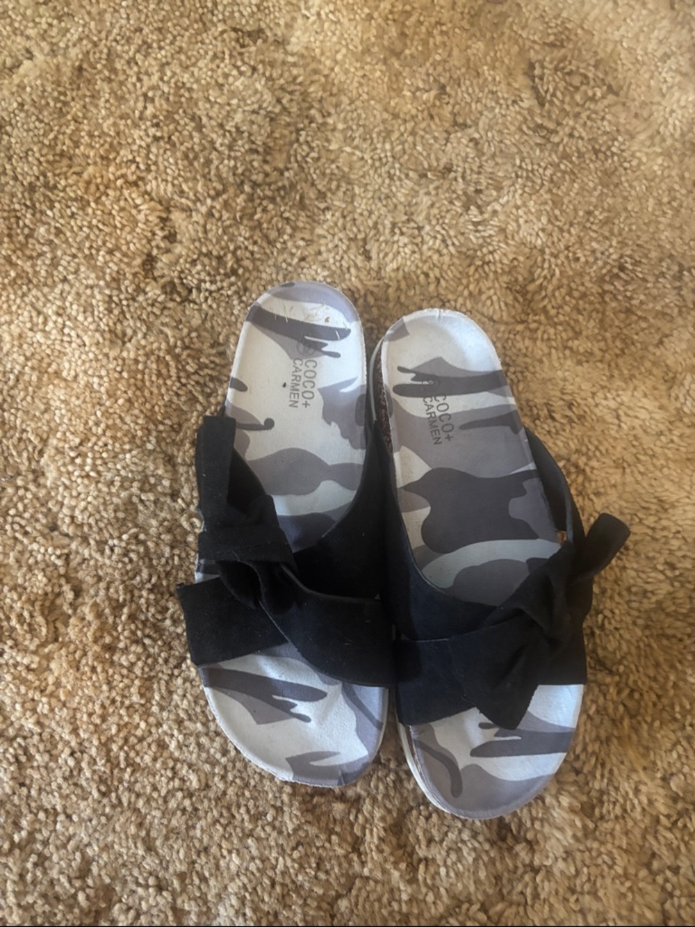 Coco + Carmen Black Bow Slide Sandals with Gray Camo Insole